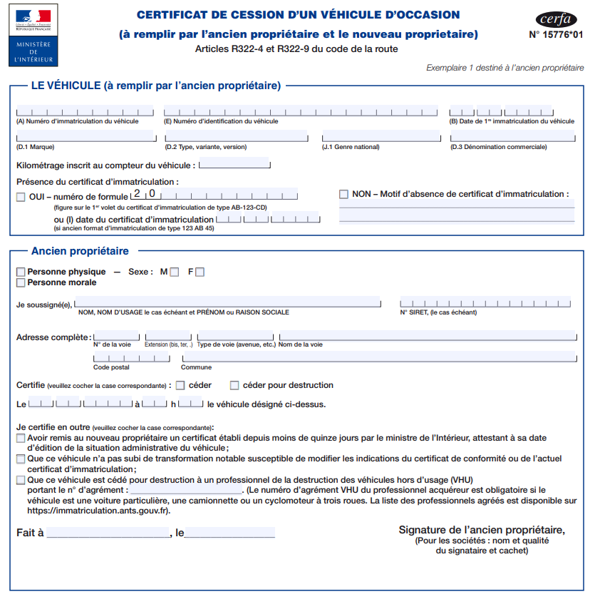 Certificat de cession d'un véhicule (Cerfa 15776)